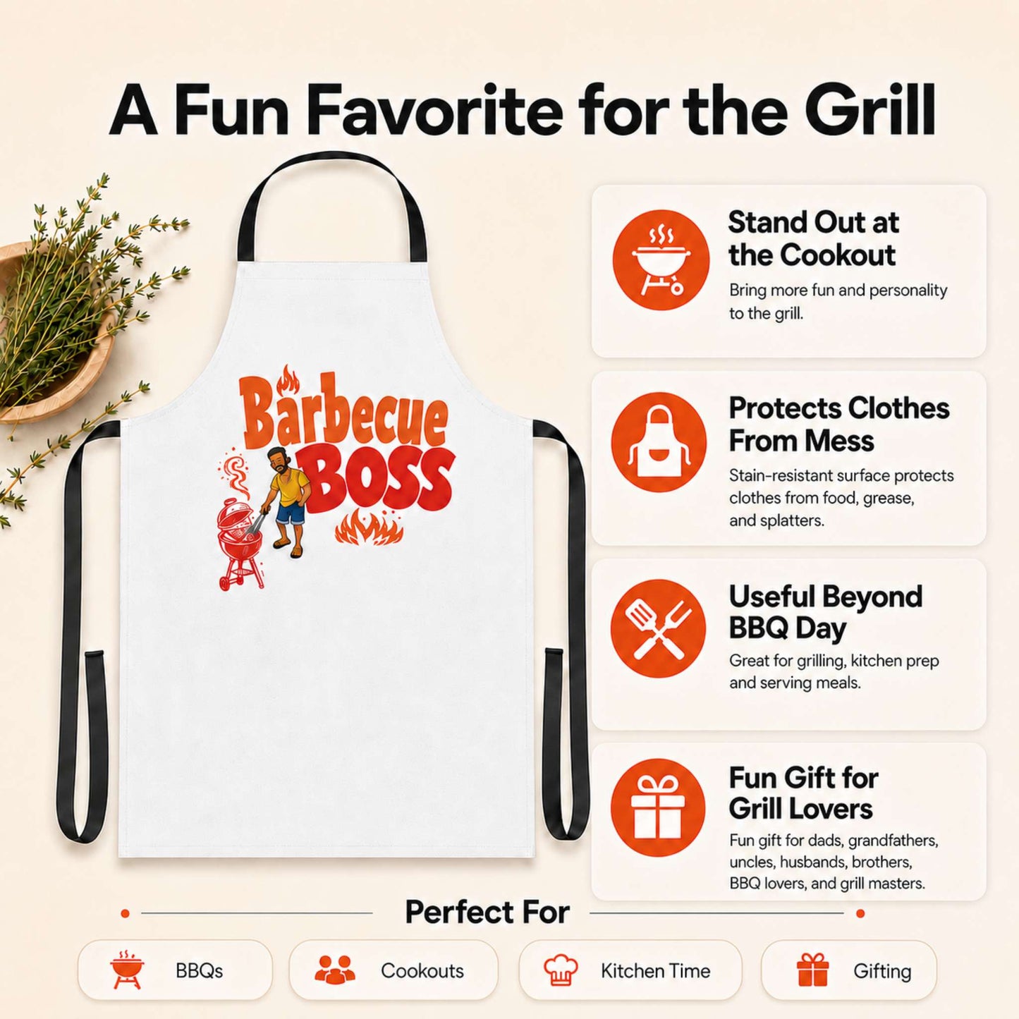 Barbecue Boss Caribbean apron with playful BBQ graphic for grill masters and cookout lovers.