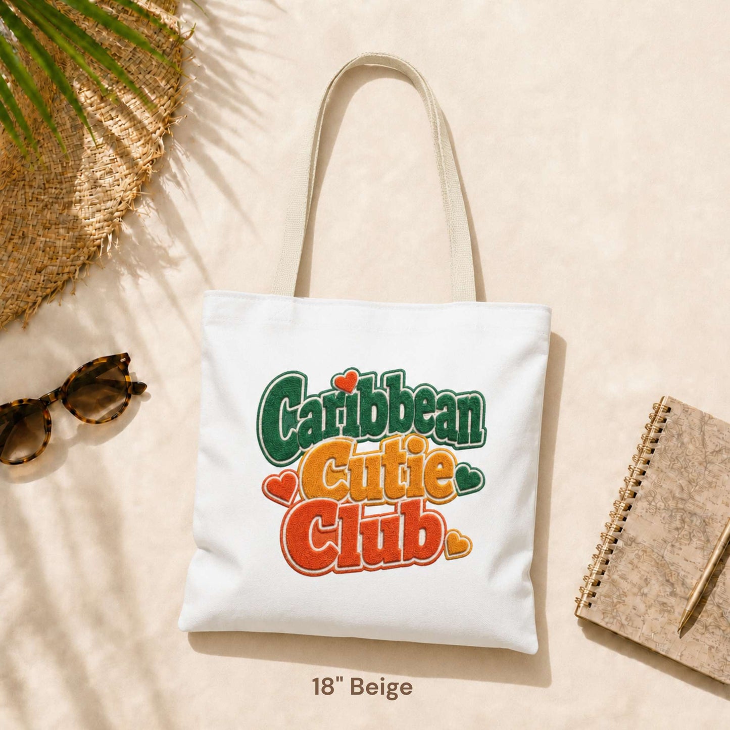 Caribbean Cutie Club tote bag with colorful retro lettering and heart details.