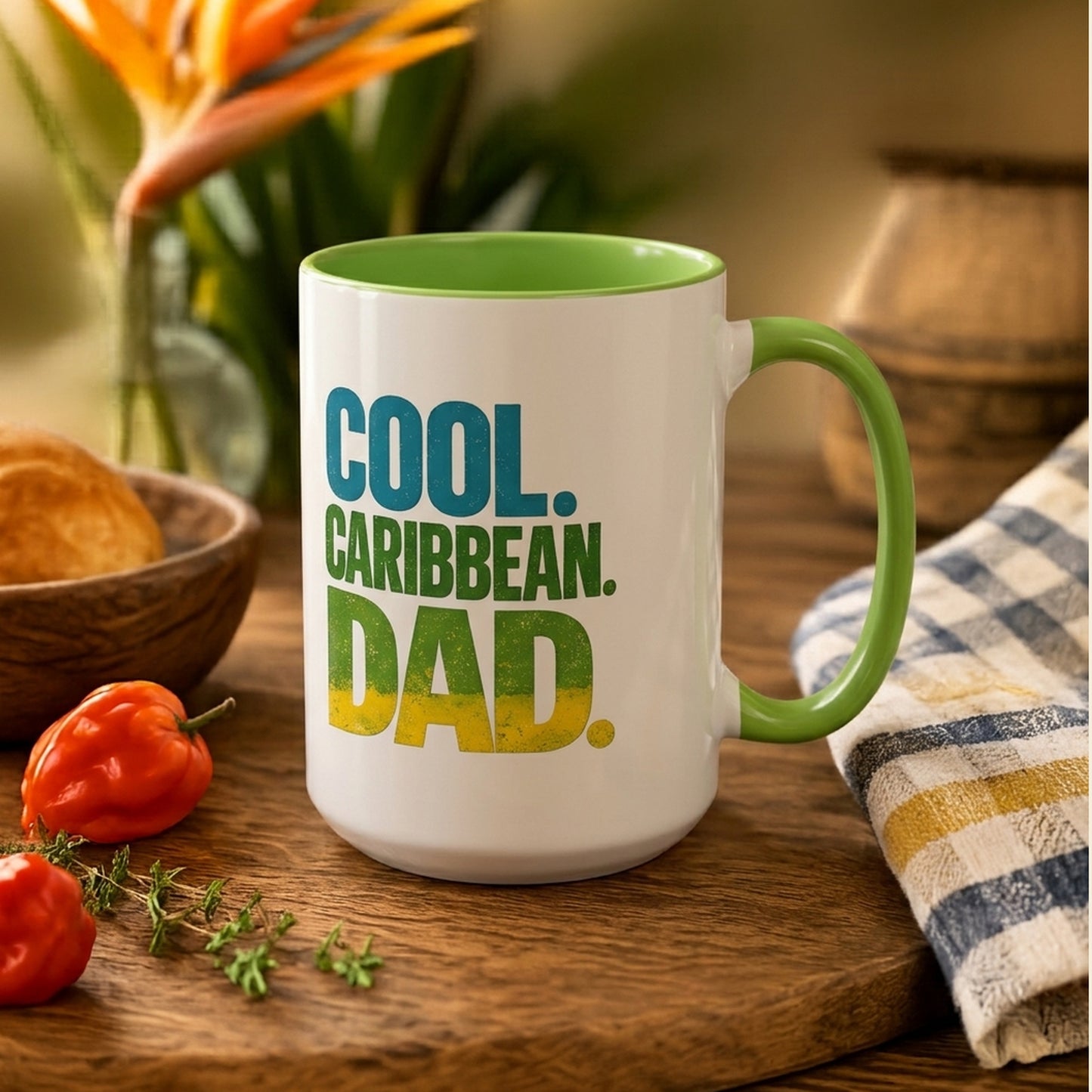Cool Caribbean Dad accent mug with light green handle and interior featuring bold Caribbean dad design.