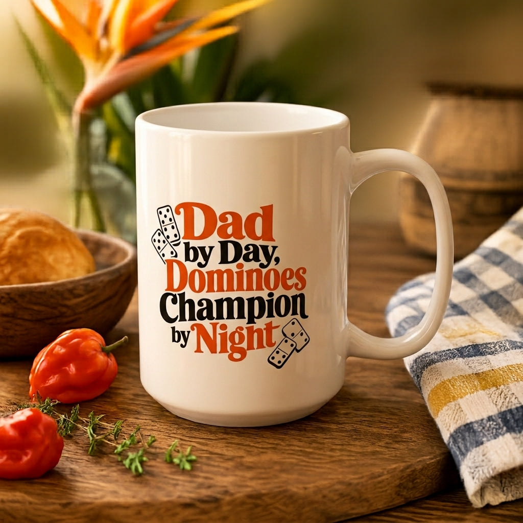 Dominoes Champion Dad ceramic mug with Dad by Day Dominoes Champion by Night graphic.