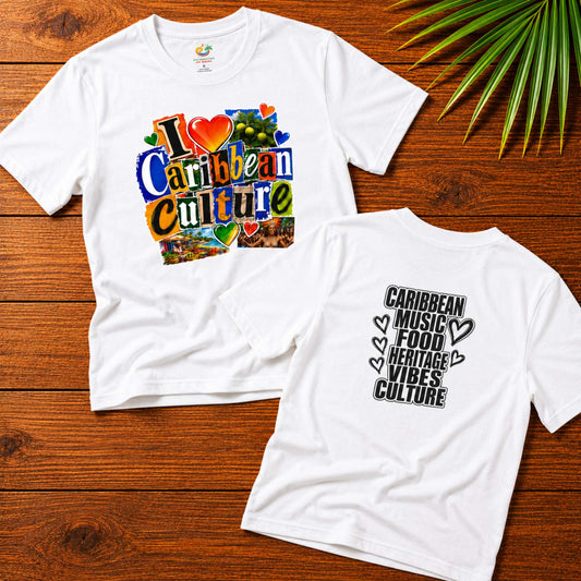 I Love Caribbean Culture adult unisex t-shirt with colorful front graphic and Caribbean culture word design on the back.