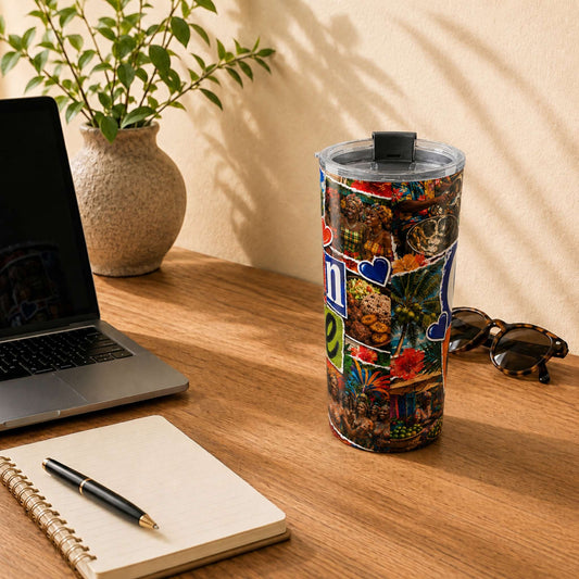 I Love Caribbean Culture 20 oz tumbler with colorful Caribbean collage design and heart graphics.