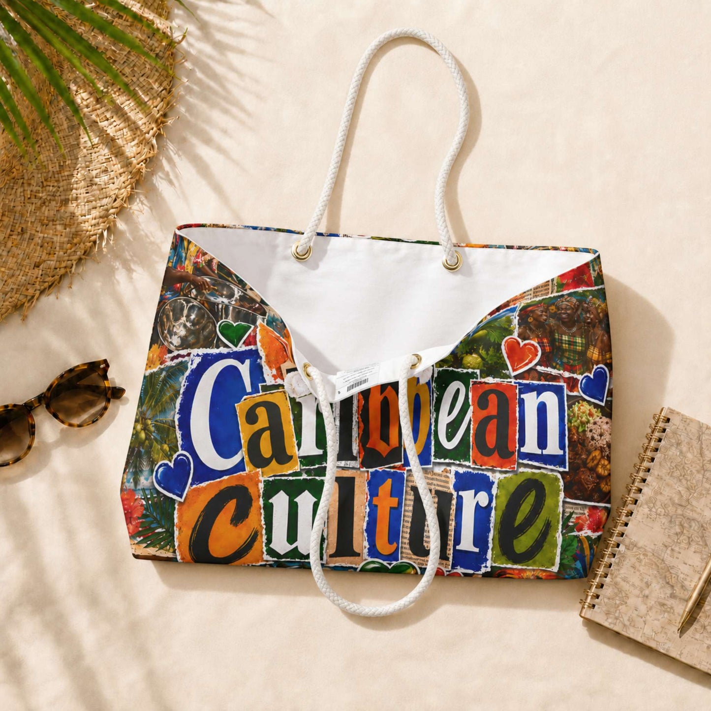 I Love Caribbean Culture weekender tote bag with colorful Caribbean collage design and rope handles.