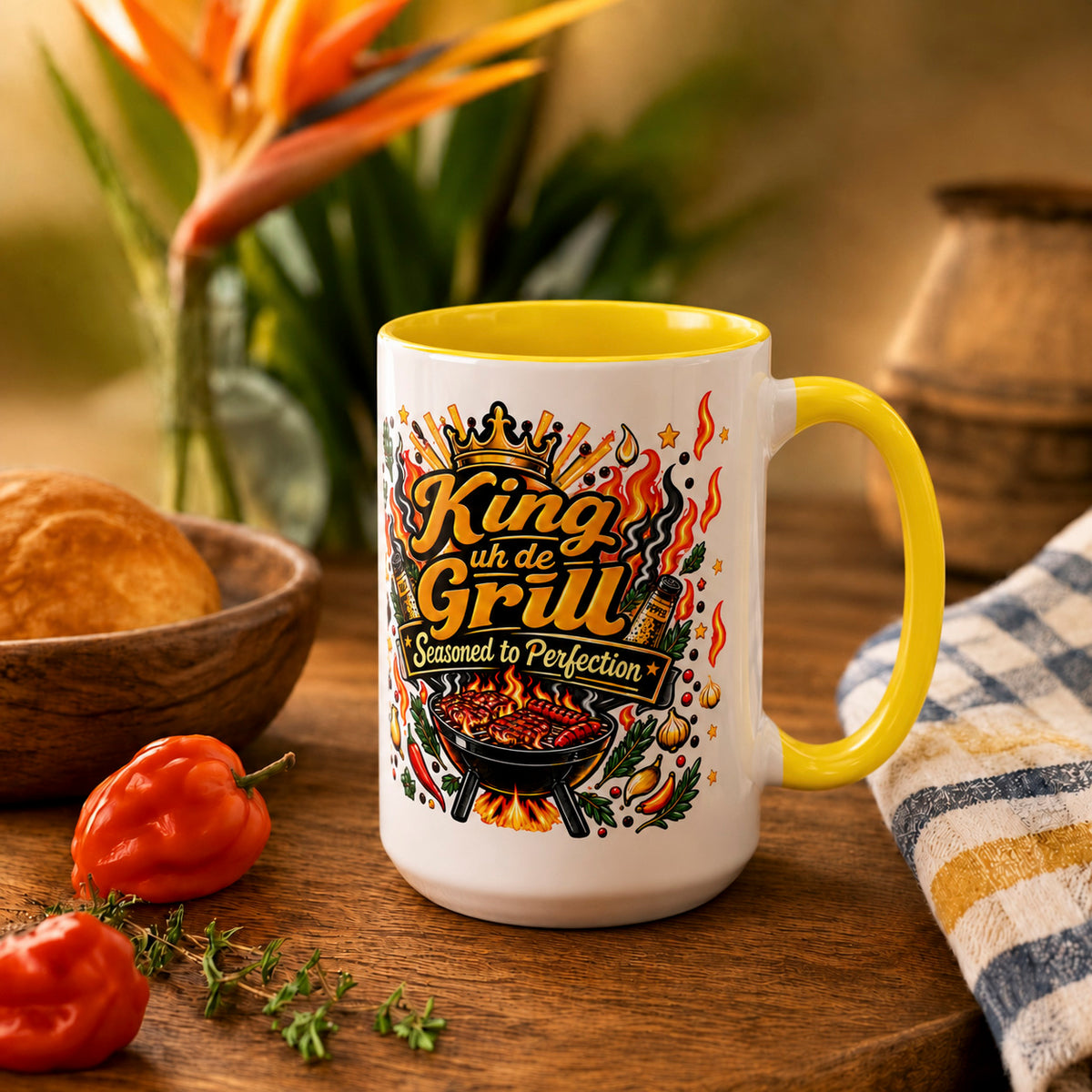 15 oz King uh de Grill Caribbean mug with yellow interior and handle, featuring bold barbecue artwork for dads and grill masters.