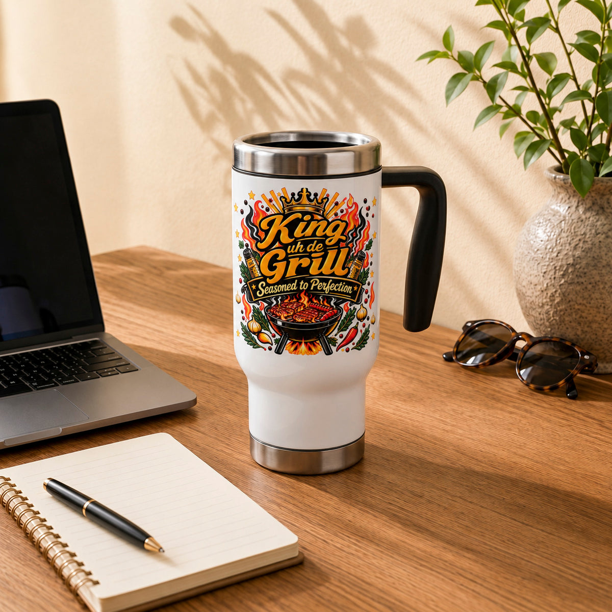King uh de Grill Caribbean travel mug with bold barbecue artwork, a fun gift for Caribbean dads, grill masters and food lovers.