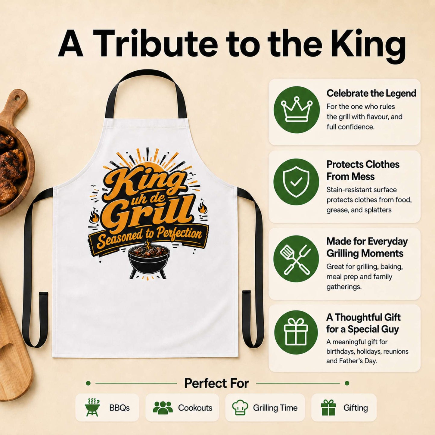 King uh de Grill Caribbean apron with bold BBQ grill master graphic