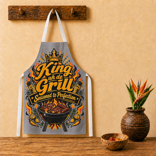 Caribbean King uh de Grill apron with bold barbecue artwork, designed for Caribbean dads, grill masters and food lovers.