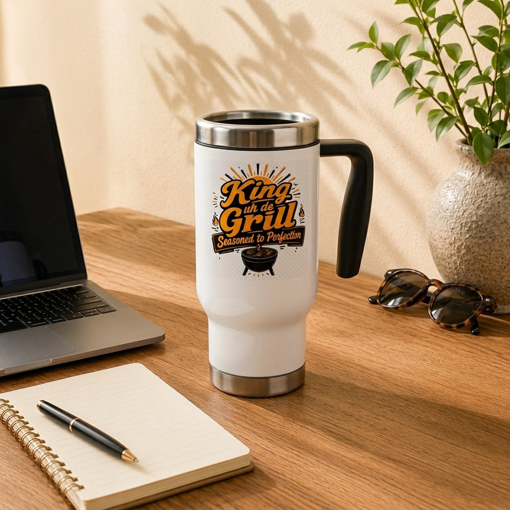 King uh de Grill stainless steel travel mug with Caribbean BBQ grill master graphic and handle.