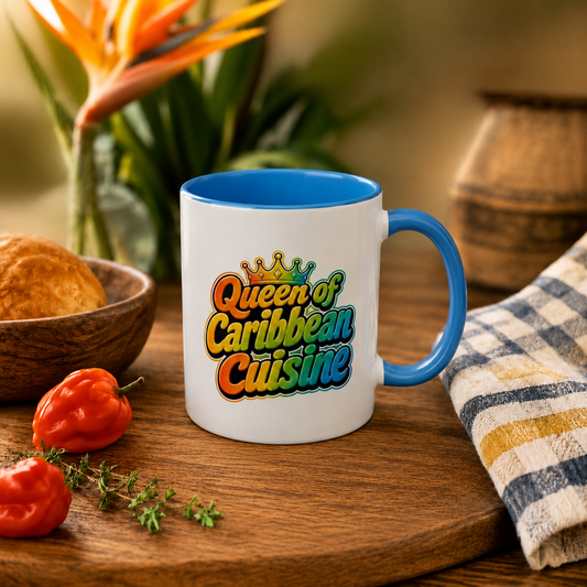 Queen of Caribbean Cuisine accent mug with colorful crown graphic and blue handle and interior.
