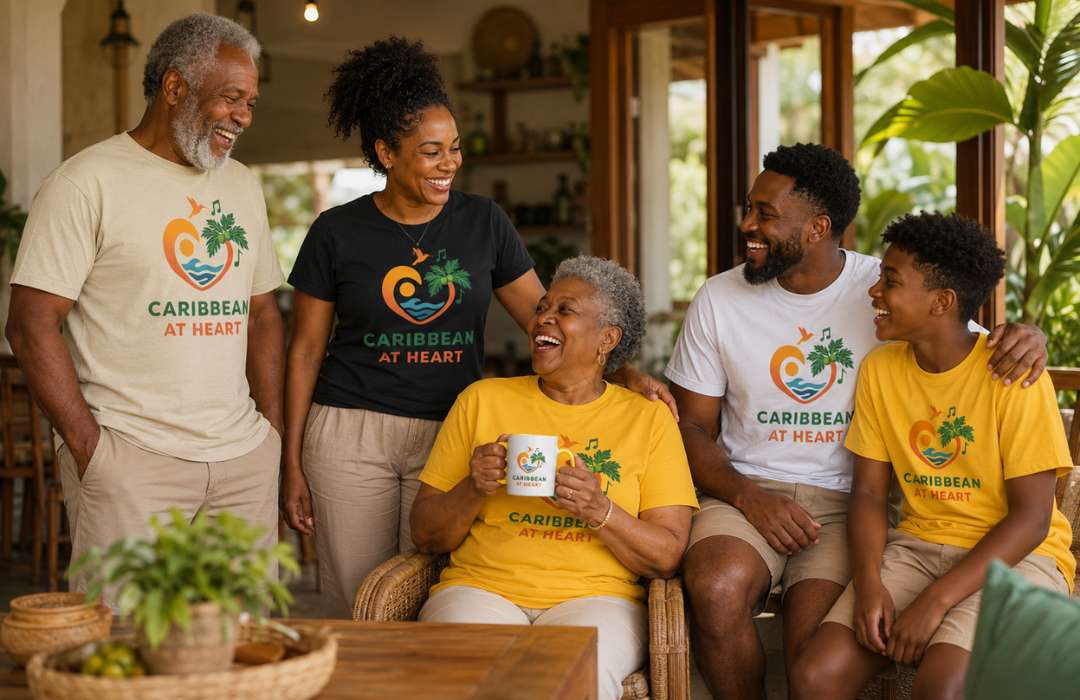Caribbean At Heart Favorites Collection image with grandparents, adults, and child in matching shirts.