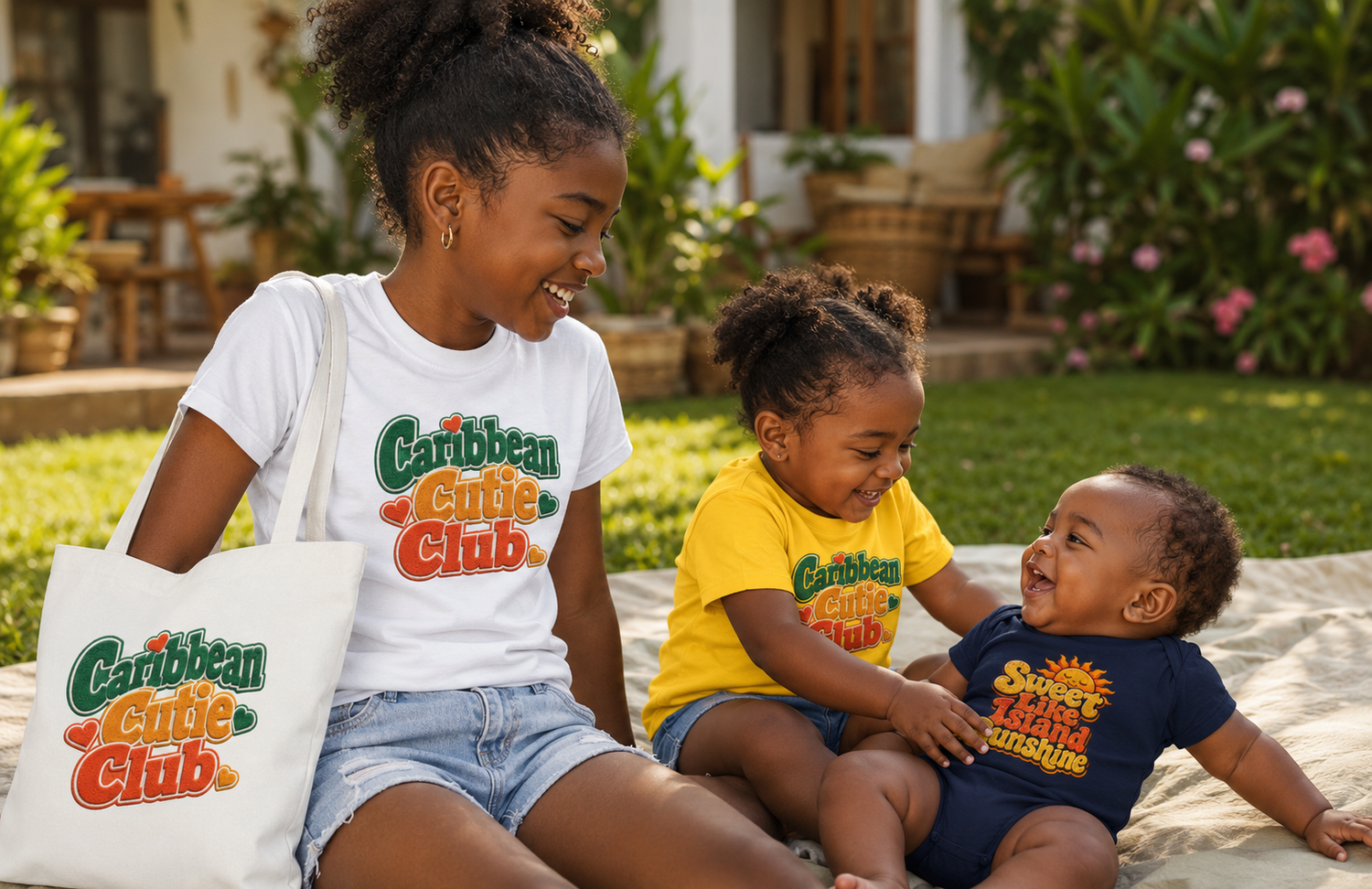 Caribbean Kids Collection image featuring a child and toddler in Caribbean Cutie Club shirts and baby in a Sweet Like Island Sunshine Baby Bodysuit.