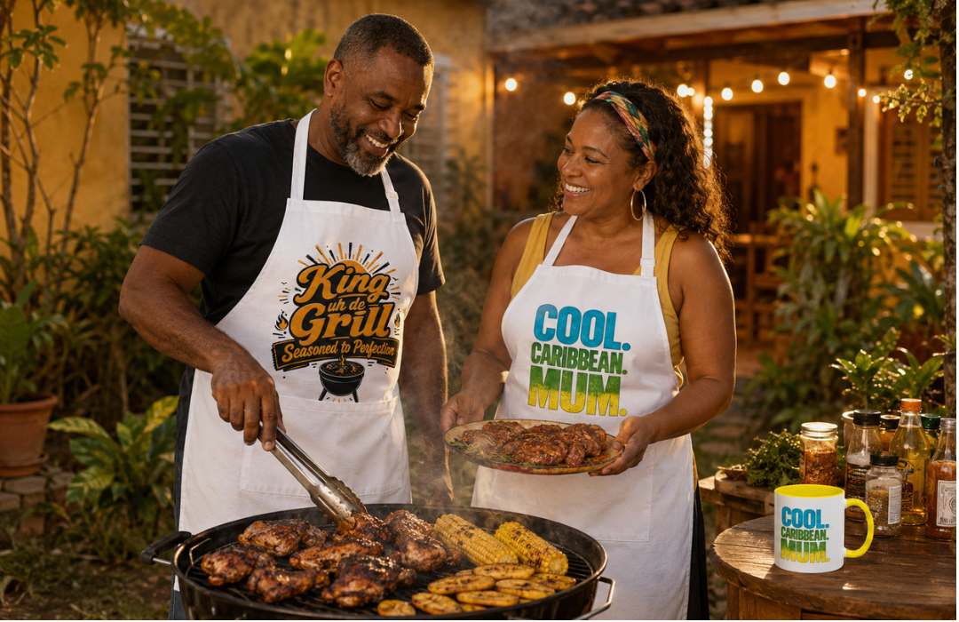 Caribbean At Heart grilling collection featuring King uh de Grill and Cool Caribbean Mum aprons during an outdoor barbecue.