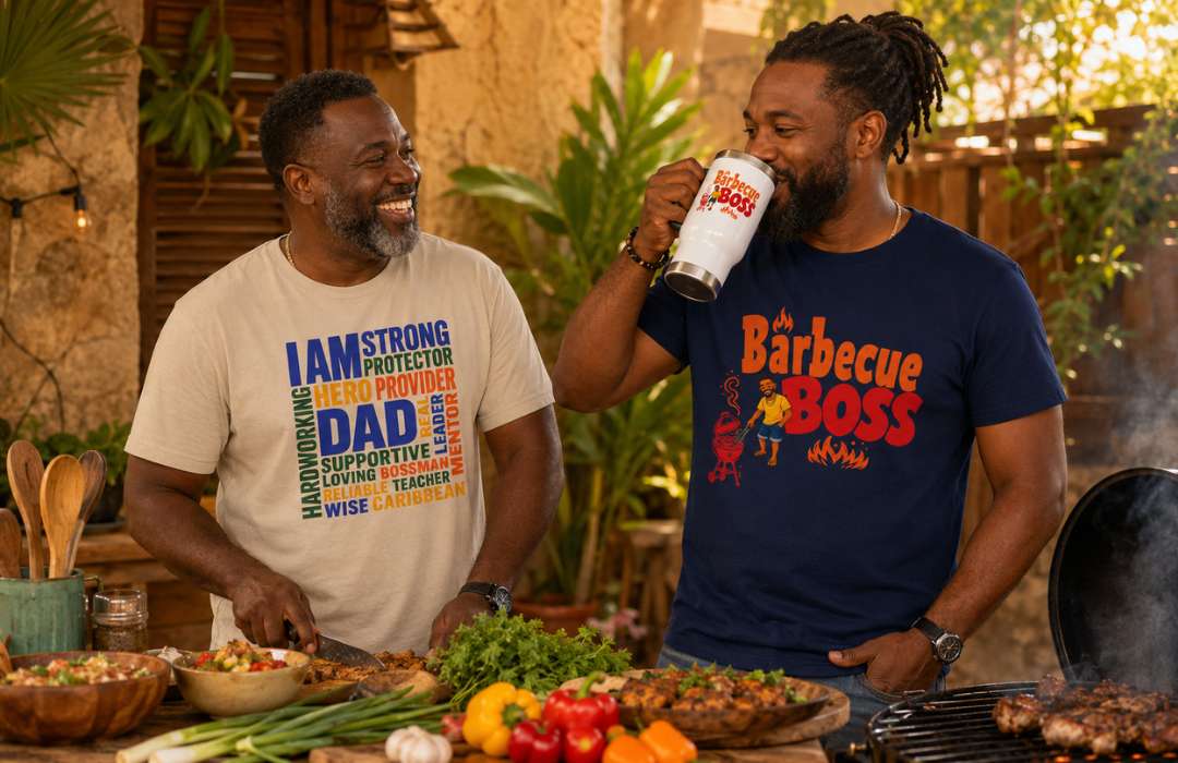 Caribbean Men Collection image featuring men in Caribbean Dad Appreciation and Barbecue Boss t-shirts.