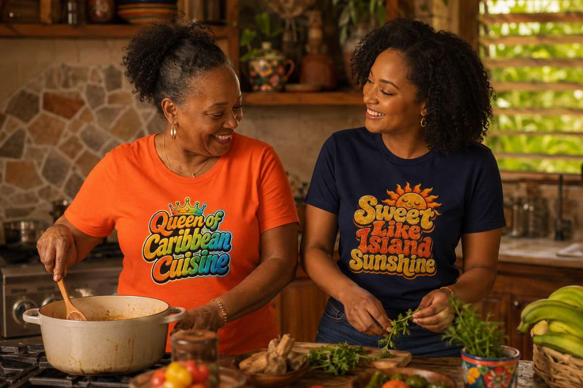 Caribbean At Heart women’s collection image showing mother and daughter cooking together in Queen of Caribbean Cuisine and Sweet Like Island Sunshine graphic t-shirts.