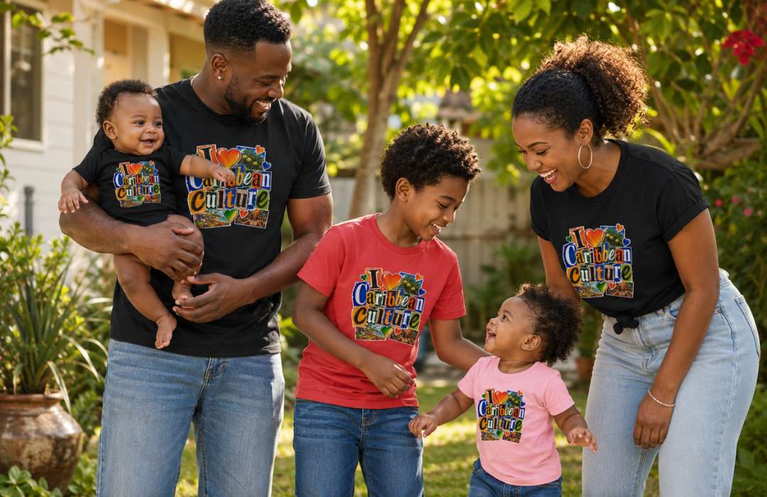 Family Matching Sets Collection image featuring parents and children in coordinated I Love Caribbean Culture graphic shirts.