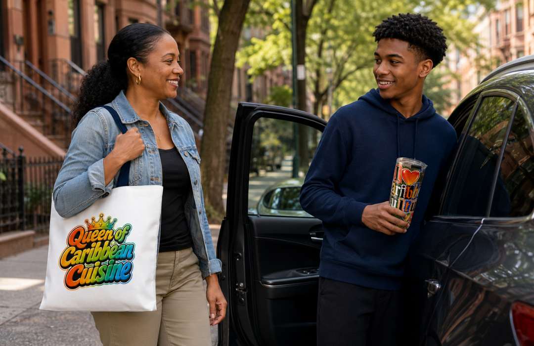 Caribbean Travel and On-the-Go Collection featuring a Queen of Caribbean Cuisine tote and I Love Caribbean Culture Tumbler.