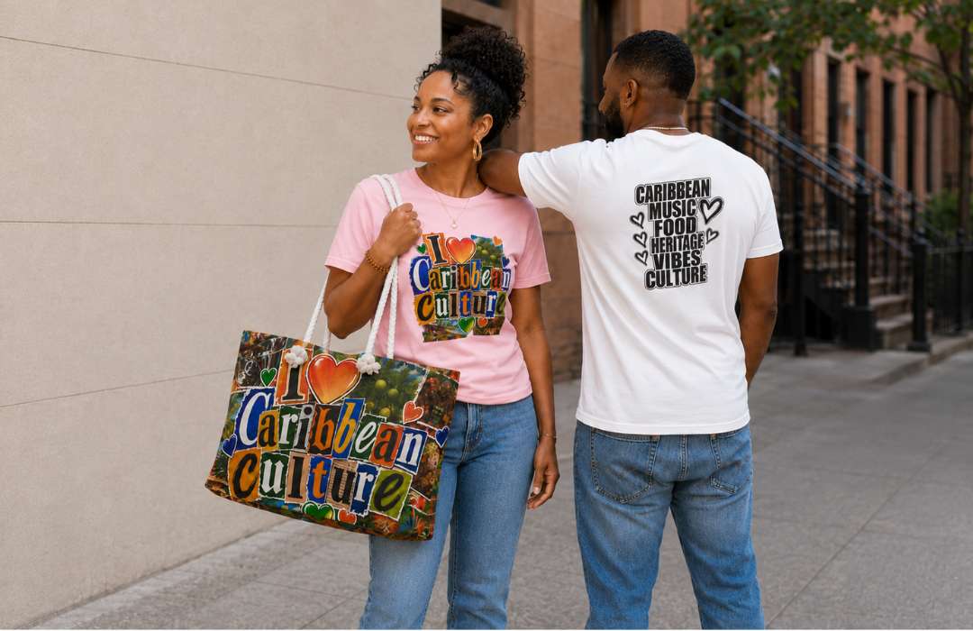 Caribbean Pride Collection lifestyle photo featuring I Love Caribbean Culture graphic tees and matching weekender bag.