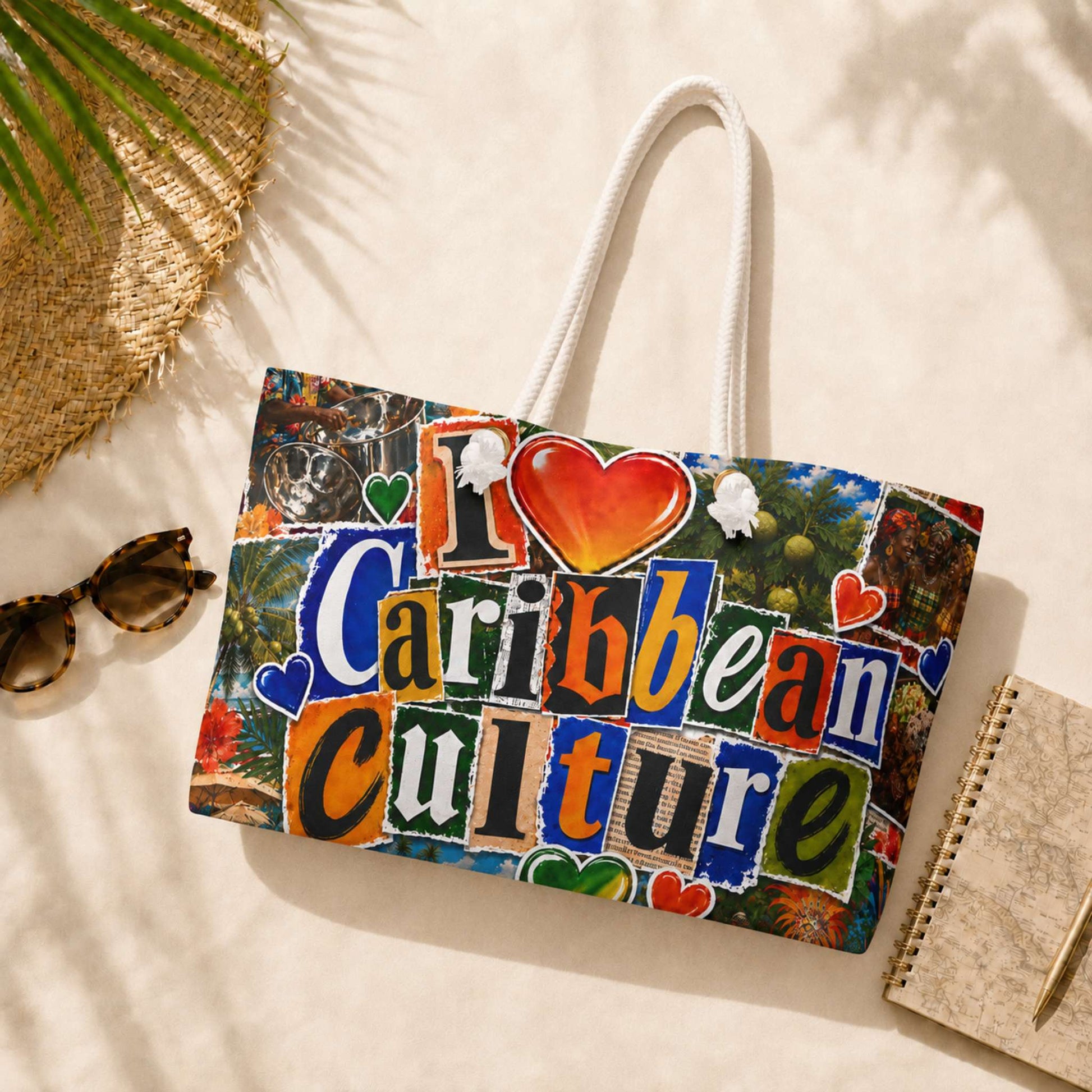 I Love Caribbean Culture weekender tote bag with colorful Caribbean collage design and rope handles.