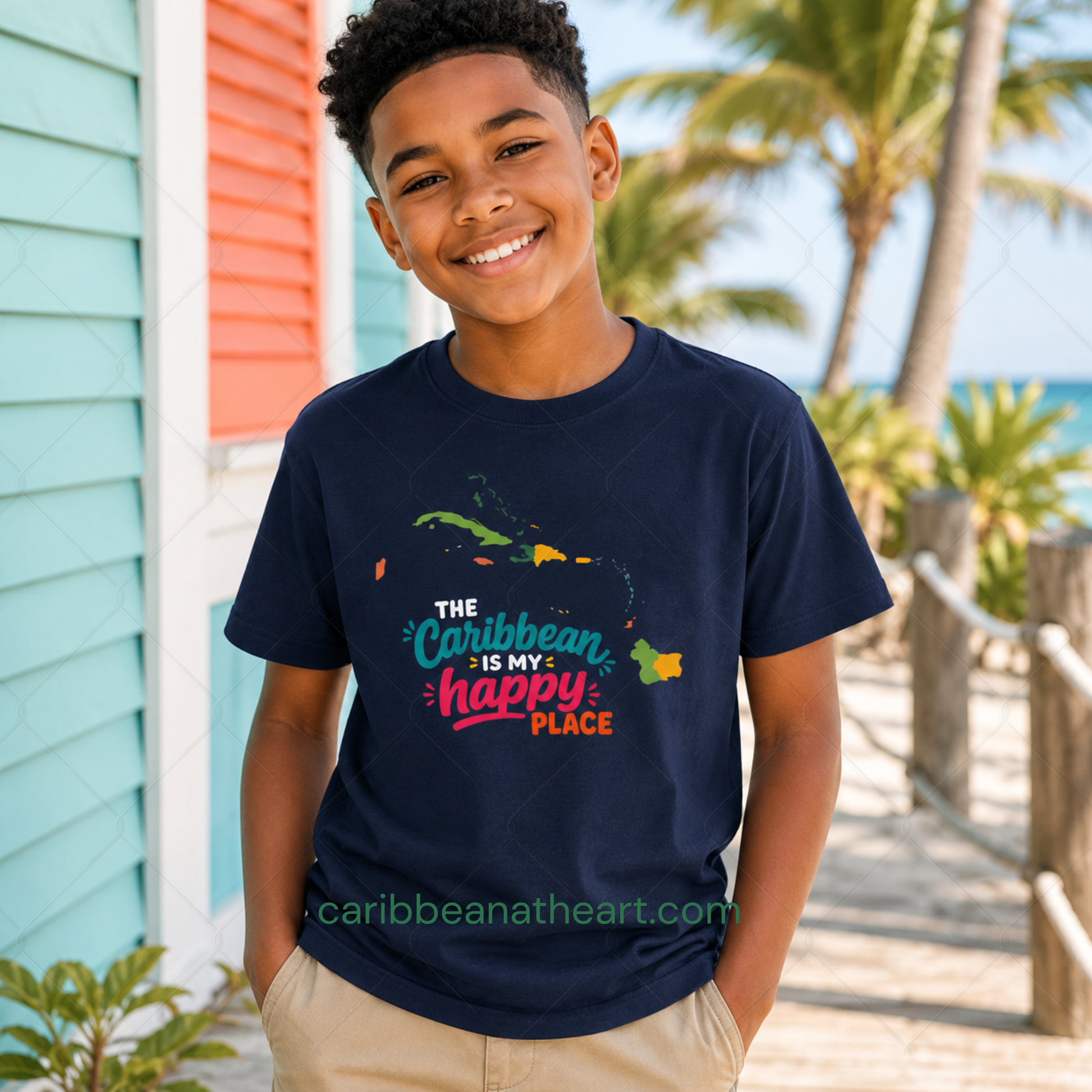 Youth shirt with colorful The Caribbean is my happy place design for Caribbean kids.