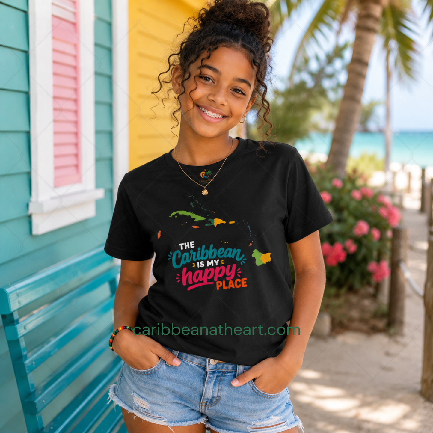 Youth shirt with colorful The Caribbean is my happy place design for Caribbean kids.