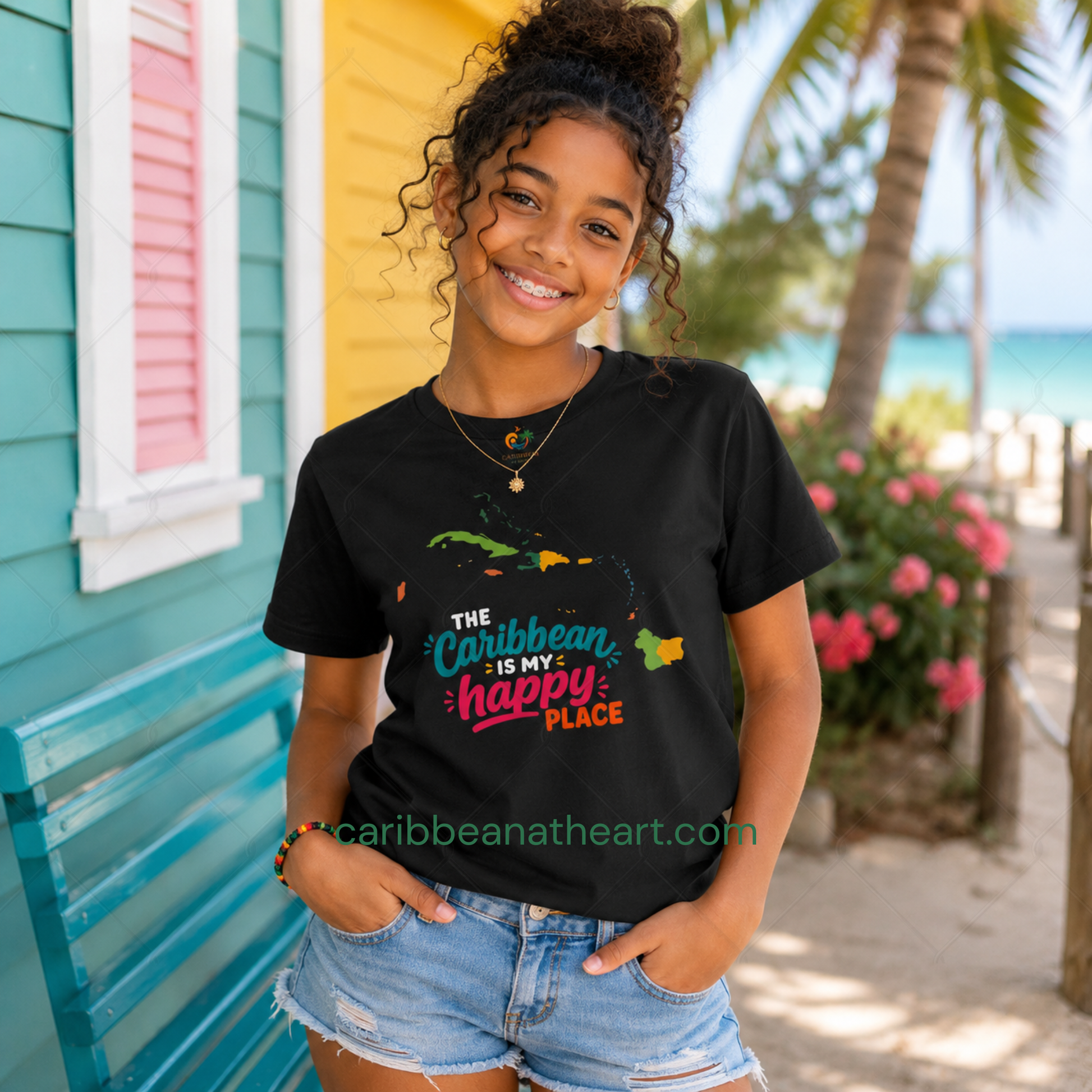 Youth shirt with colorful The Caribbean is my happy place design for Caribbean kids.