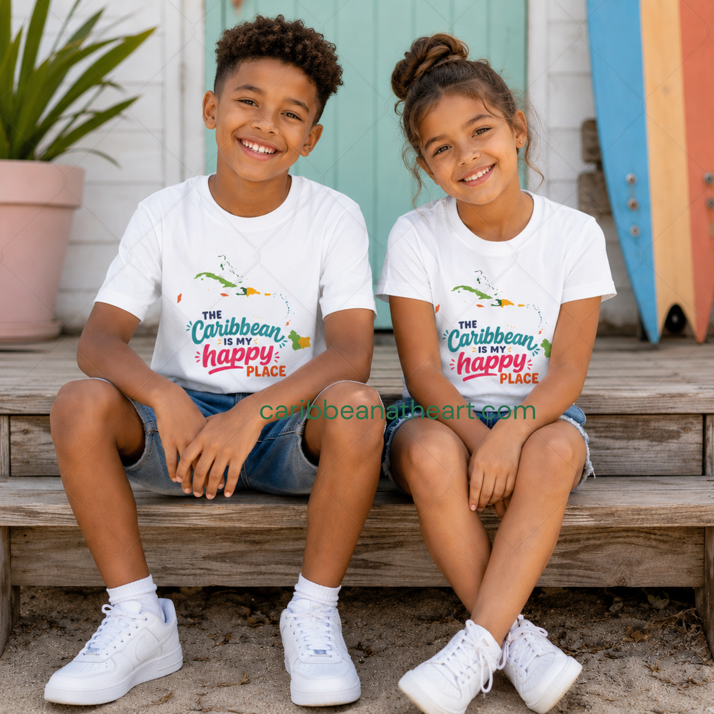 Youth shirt with colorful The Caribbean is my happy place design for Caribbean kids.