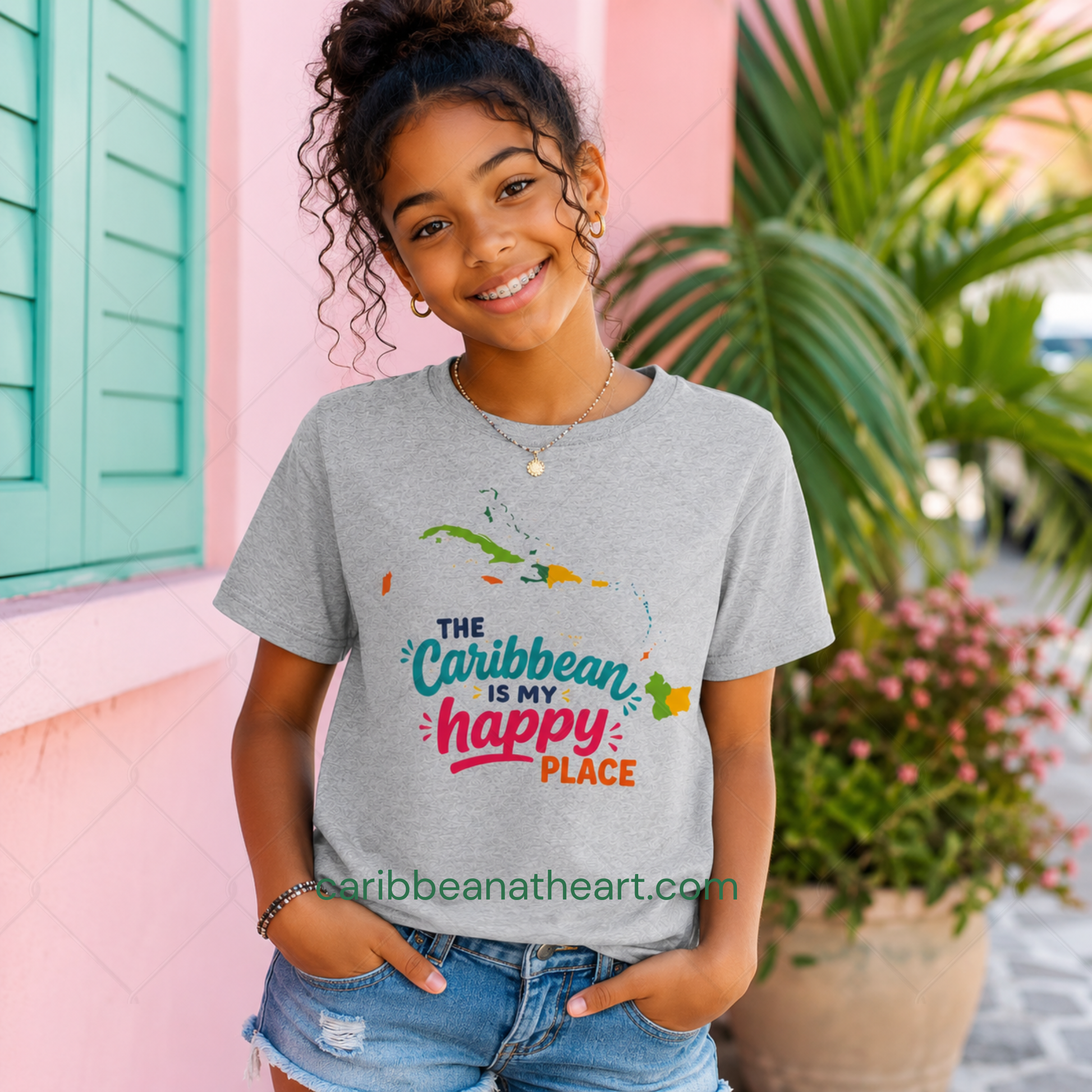 Youth shirt with colorful The Caribbean is my happy place design for Caribbean kids.