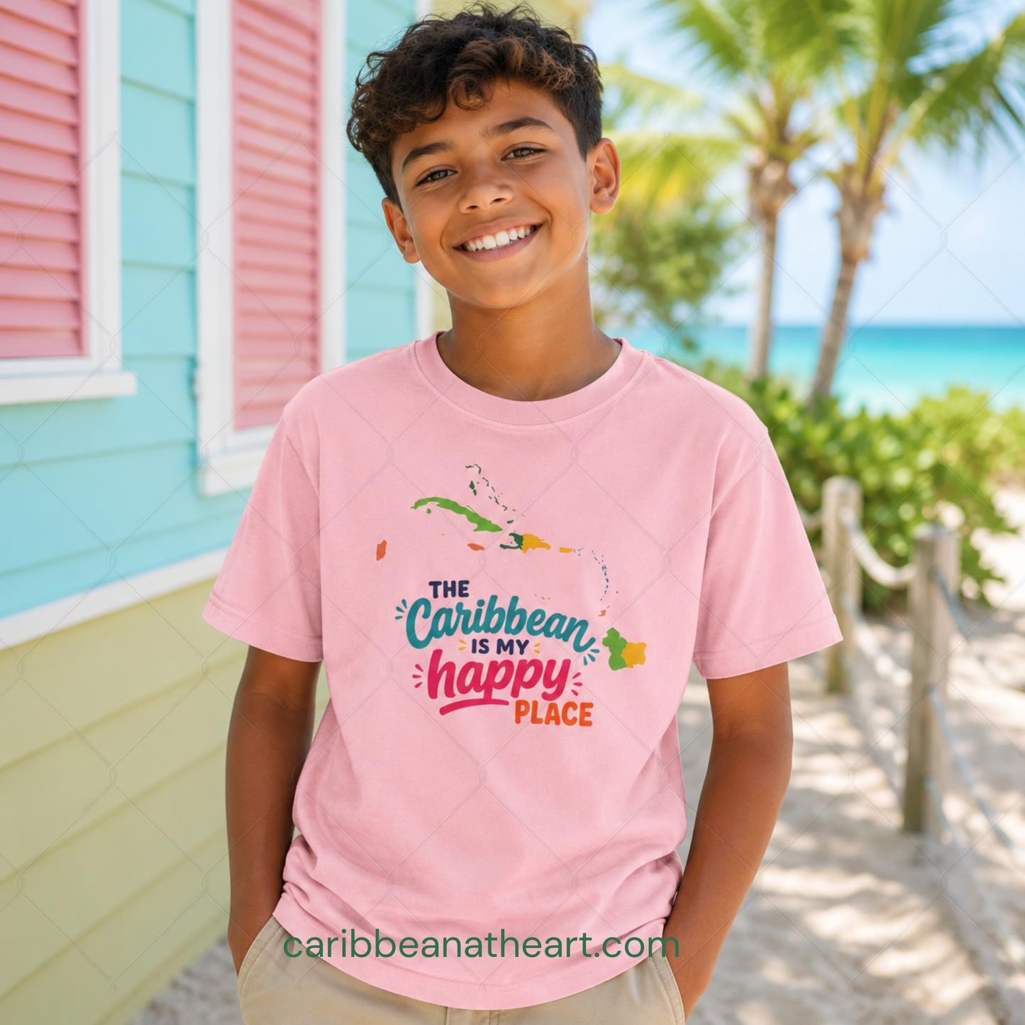 Youth shirt with colorful The Caribbean is my happy place design for Caribbean kids.