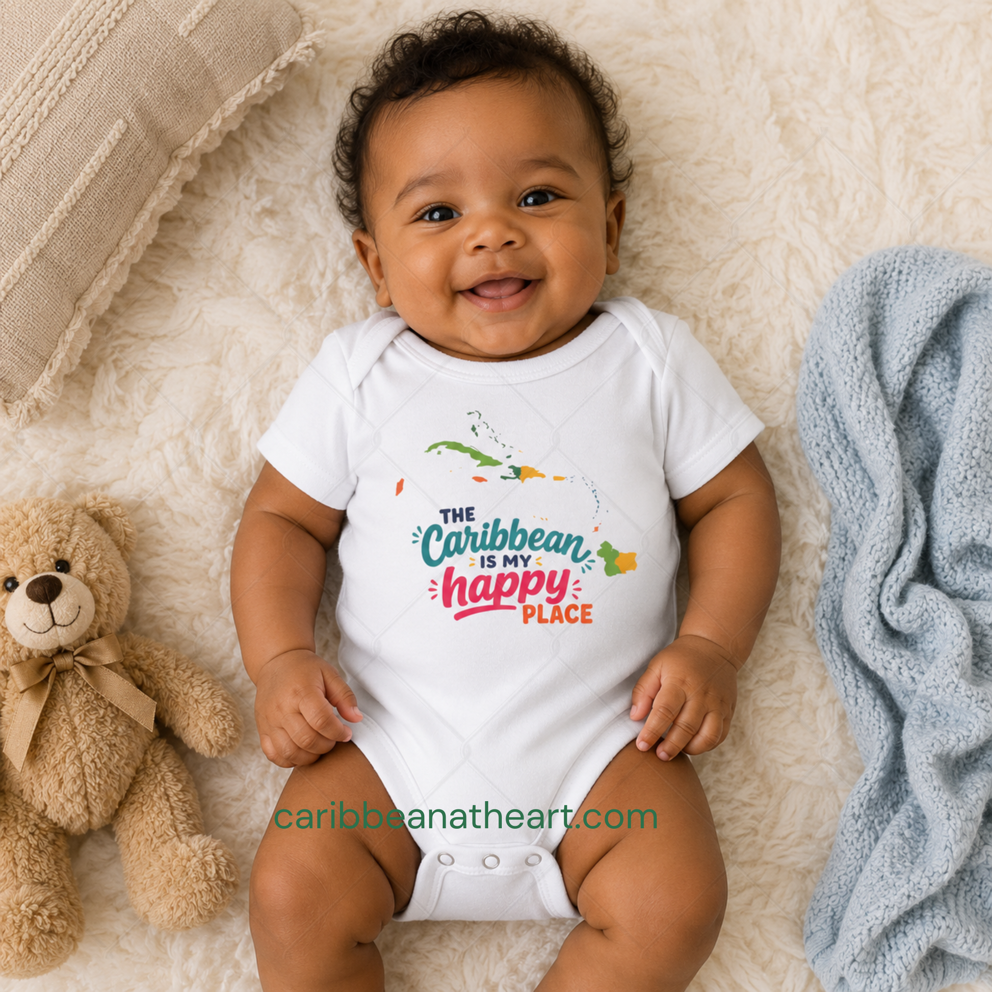 Baby bodysuit with The Caribbean is my happy place design in colorful island-inspired lettering.