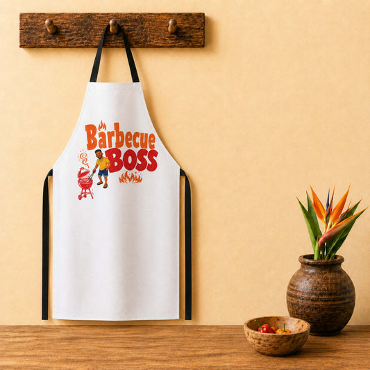 Barbecue Boss Caribbean apron with playful BBQ graphic for grill masters and cookout lovers.