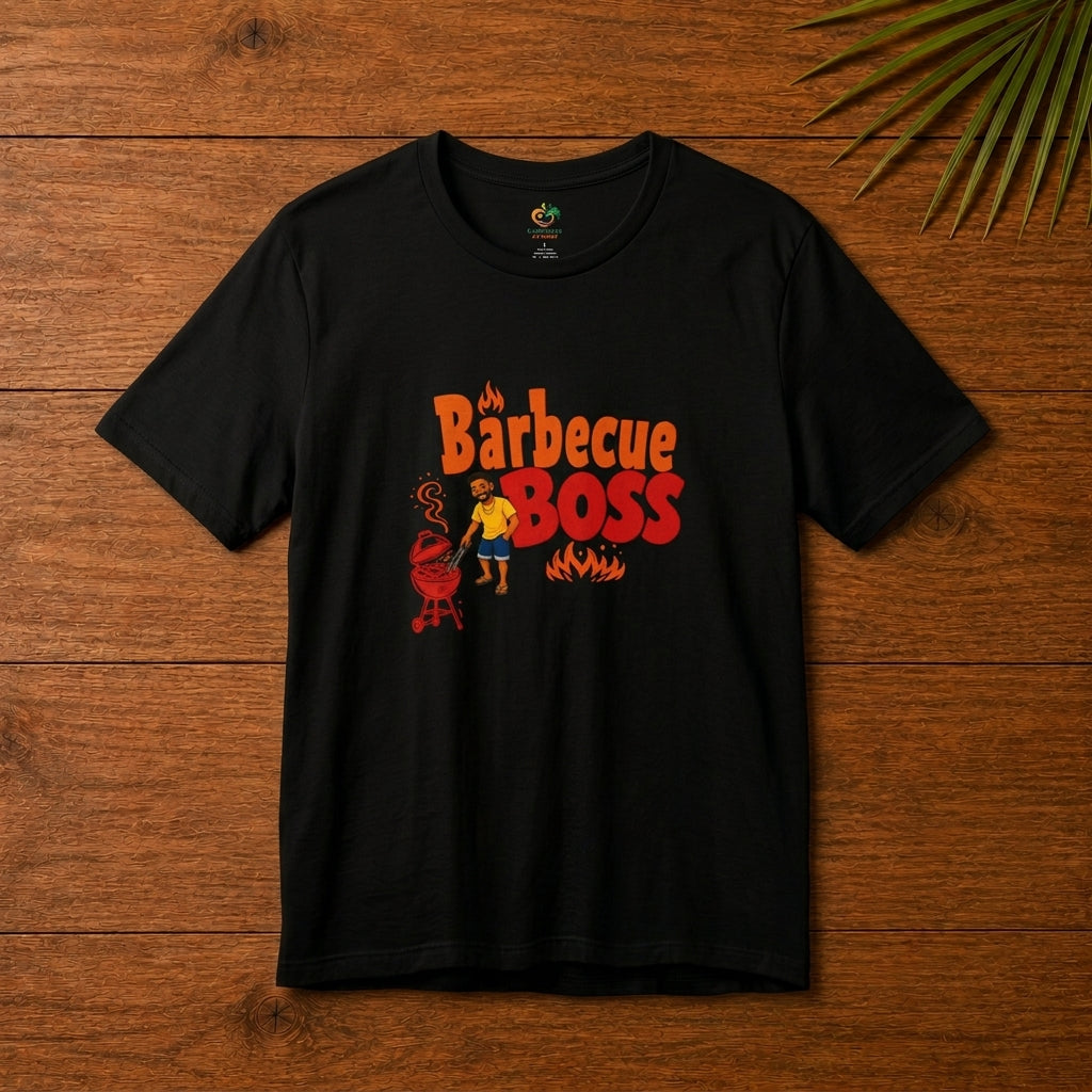 Barbecue Boss Caribbean black 
graphic t-shirt with playful BBQ design for grill lovers and cookout fans.