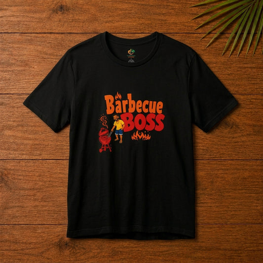 Barbecue Boss Caribbean black 
graphic t-shirt with playful BBQ design for grill lovers and cookout fans.