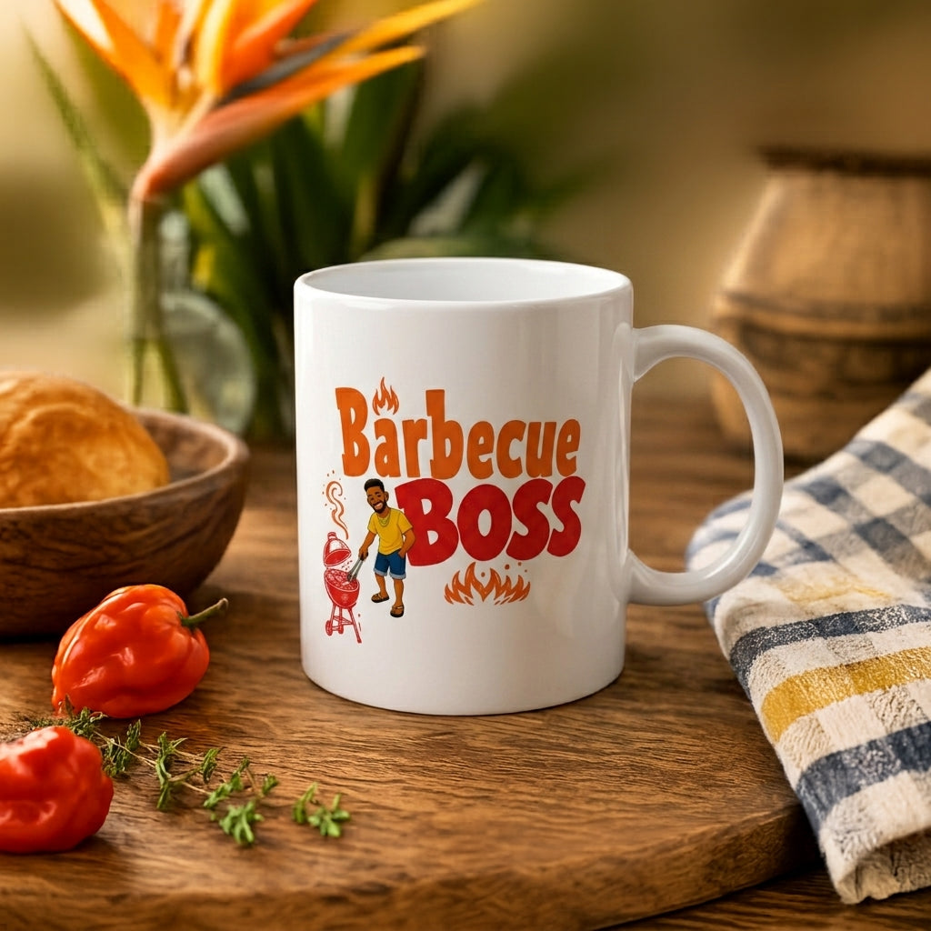 Barbecue Boss Caribbean mug with playful BBQ graphic for grill masters and cookout lovers.
