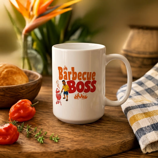 Barbecue Boss Caribbean mug with playful BBQ graphic for grill masters and cookout lovers.