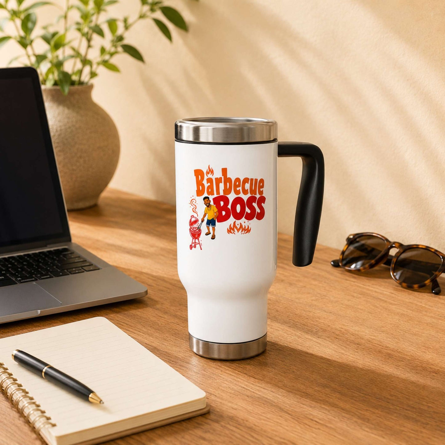 Barbecue Boss Caribbean stainless steel travel mug with playful BBQ graphic and black handle.