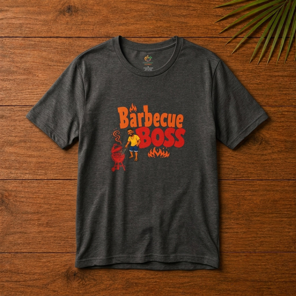 Barbecue Boss Caribbean dark grey heather graphic t-shirt with playful BBQ design for grill lovers and cookout fans.