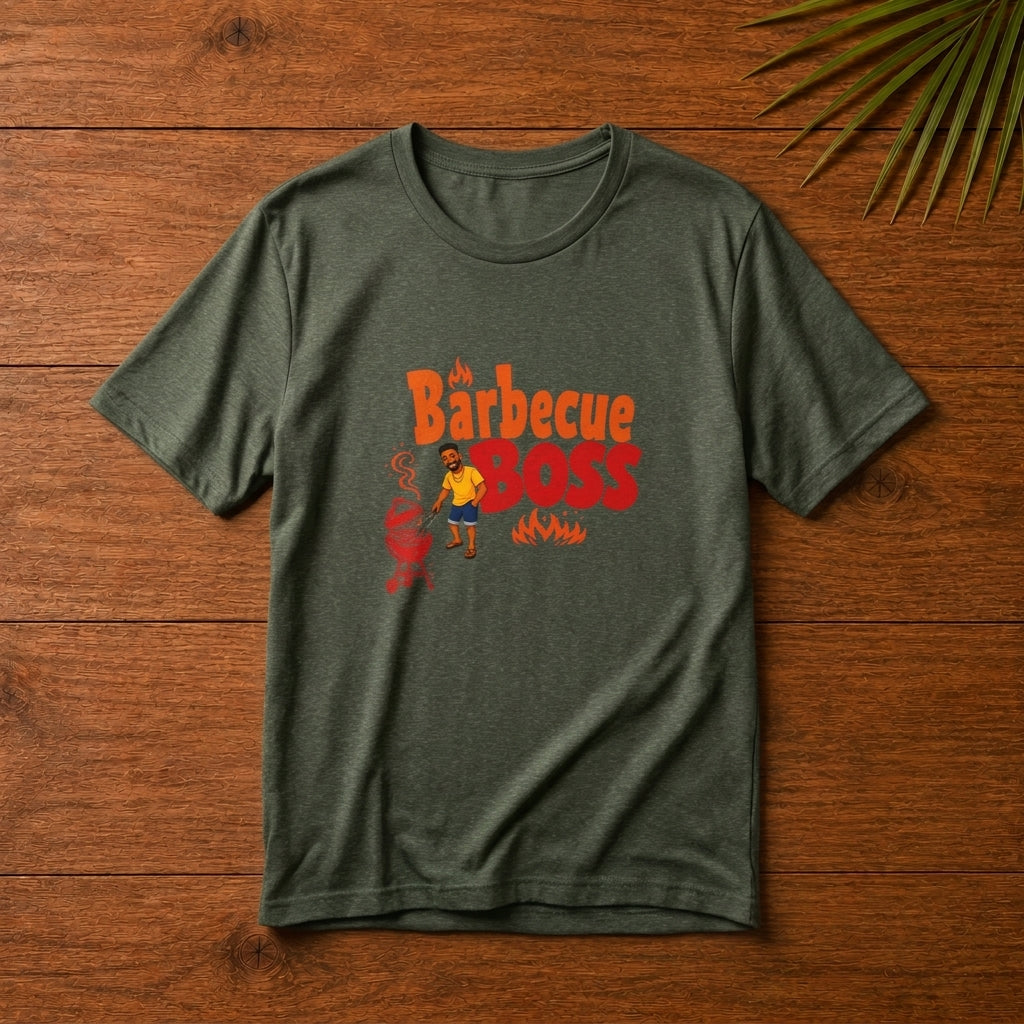 Barbecue Boss Caribbean heather military green graphic t-shirt with playful BBQ design for grill lovers and cookout fans.