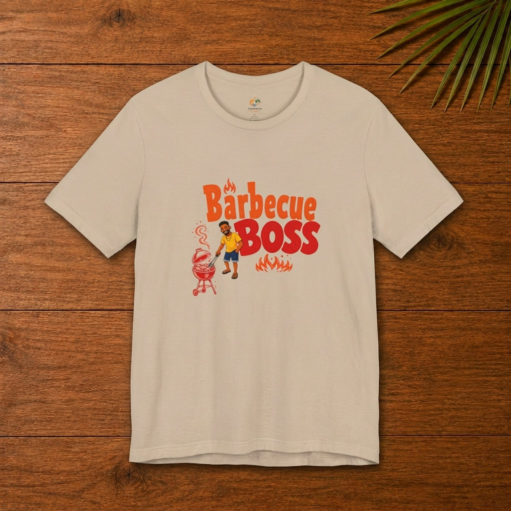Barbecue Boss Caribbean tan graphic t-shirt with playful BBQ design for grill lovers and cookout fans.