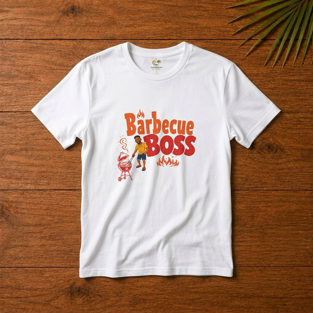 Barbecue Boss Caribbean white graphic t-shirt with playful BBQ design for grill lovers and cookout fans.