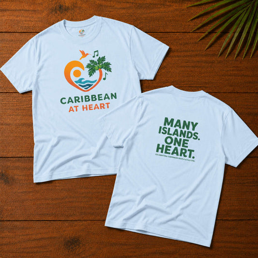 Adult unisex Caribbean graphic t-shirt featuring the Caribbean At Heart logo on the front and Many Islands One Heart artwork on the back.