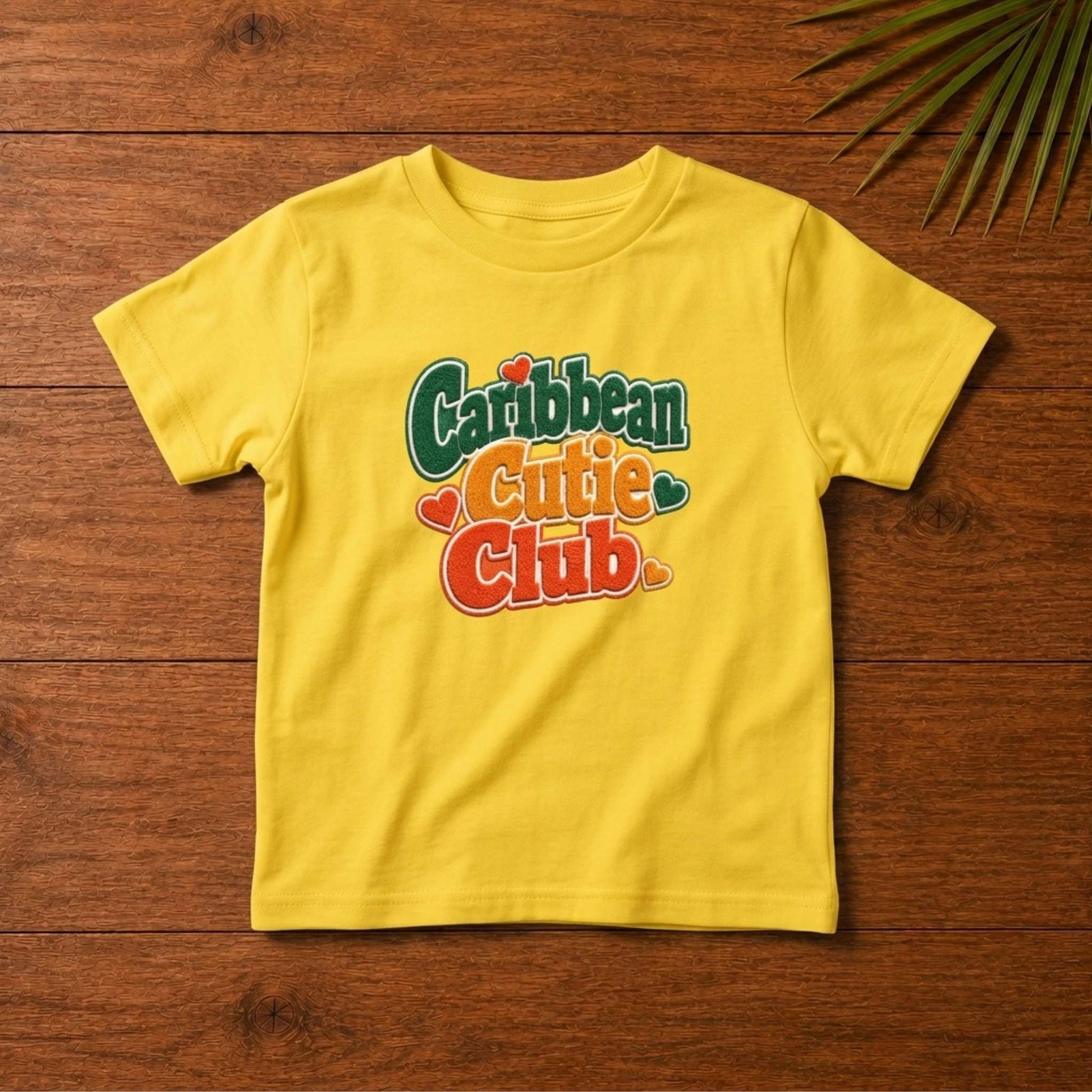 Toddler shirt with playful Caribbean Cutie Club design and heart details for matching family outfits.