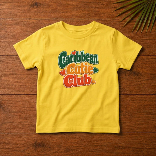 Toddler shirt with playful Caribbean Cutie Club design and heart details for matching family outfits.