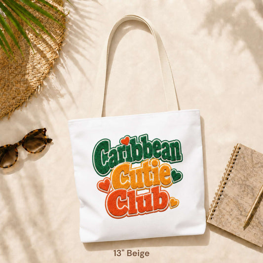Caribbean Cutie Club tote bag with colorful retro lettering and heart details.