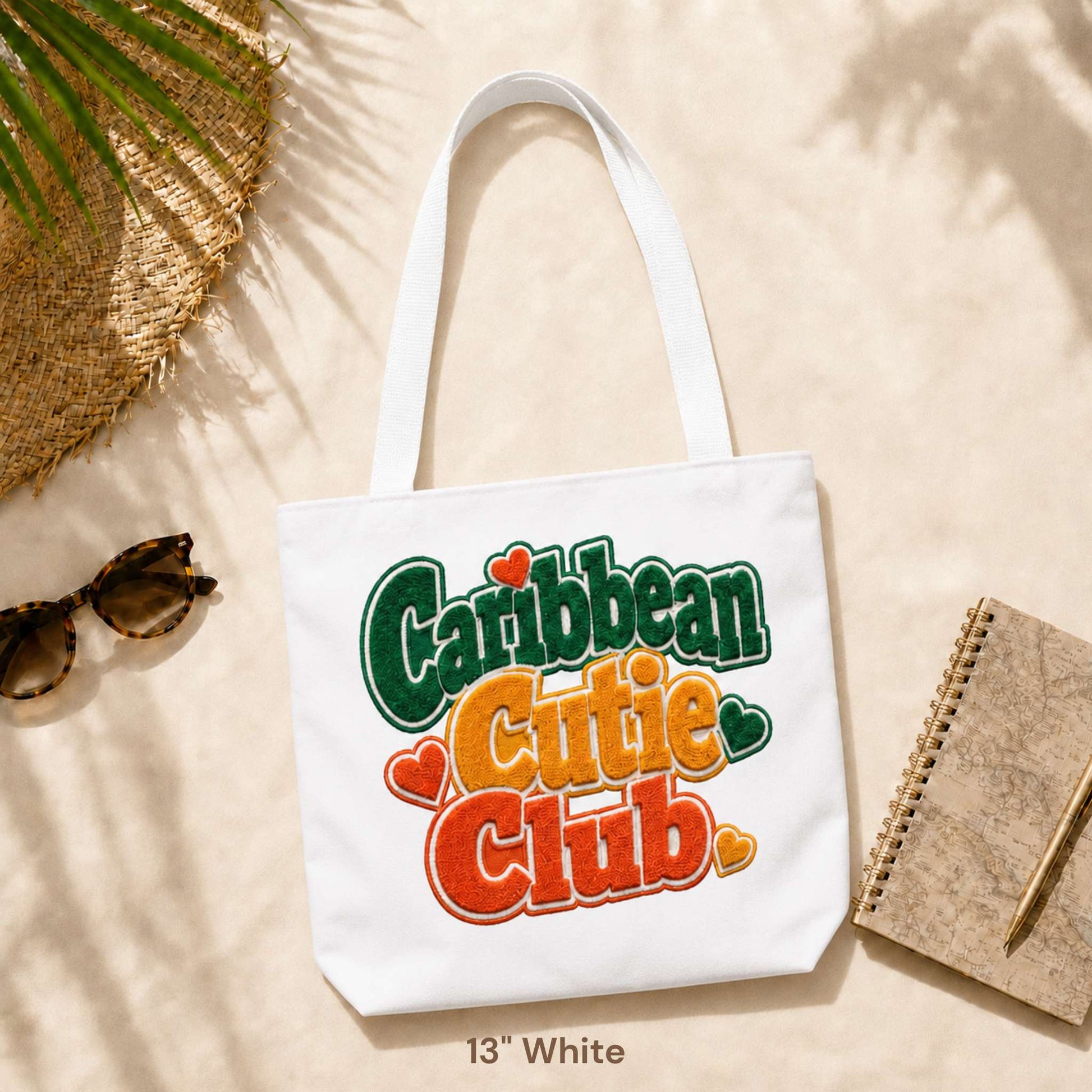Caribbean Cutie Club tote bag with colorful retro lettering and heart details.