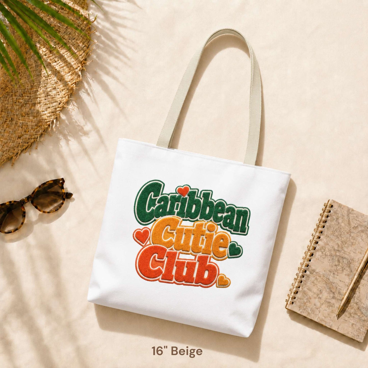 Caribbean Cutie Club tote bag with colorful retro lettering and heart details.