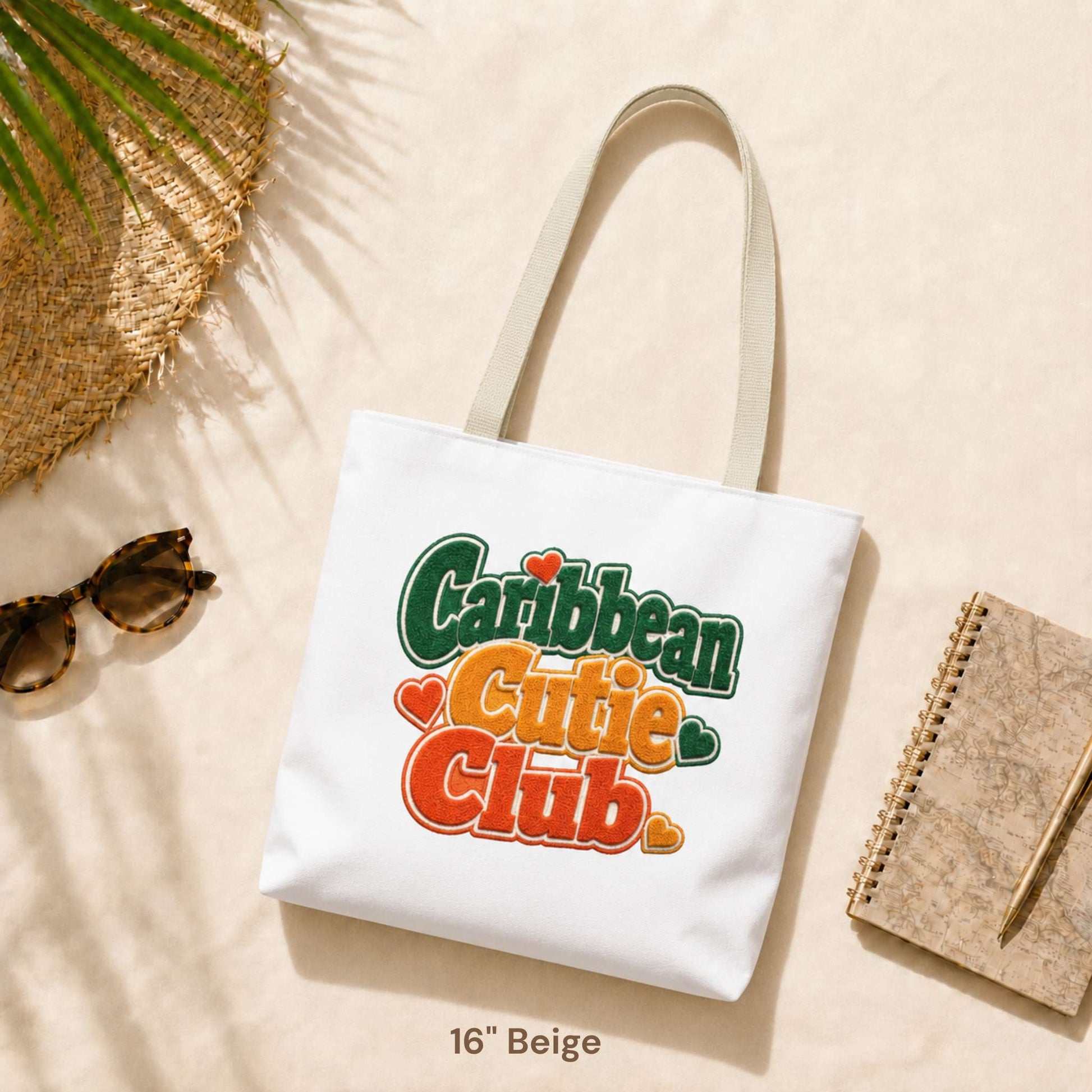 Caribbean Cutie Club tote bag with colorful retro lettering and heart details.