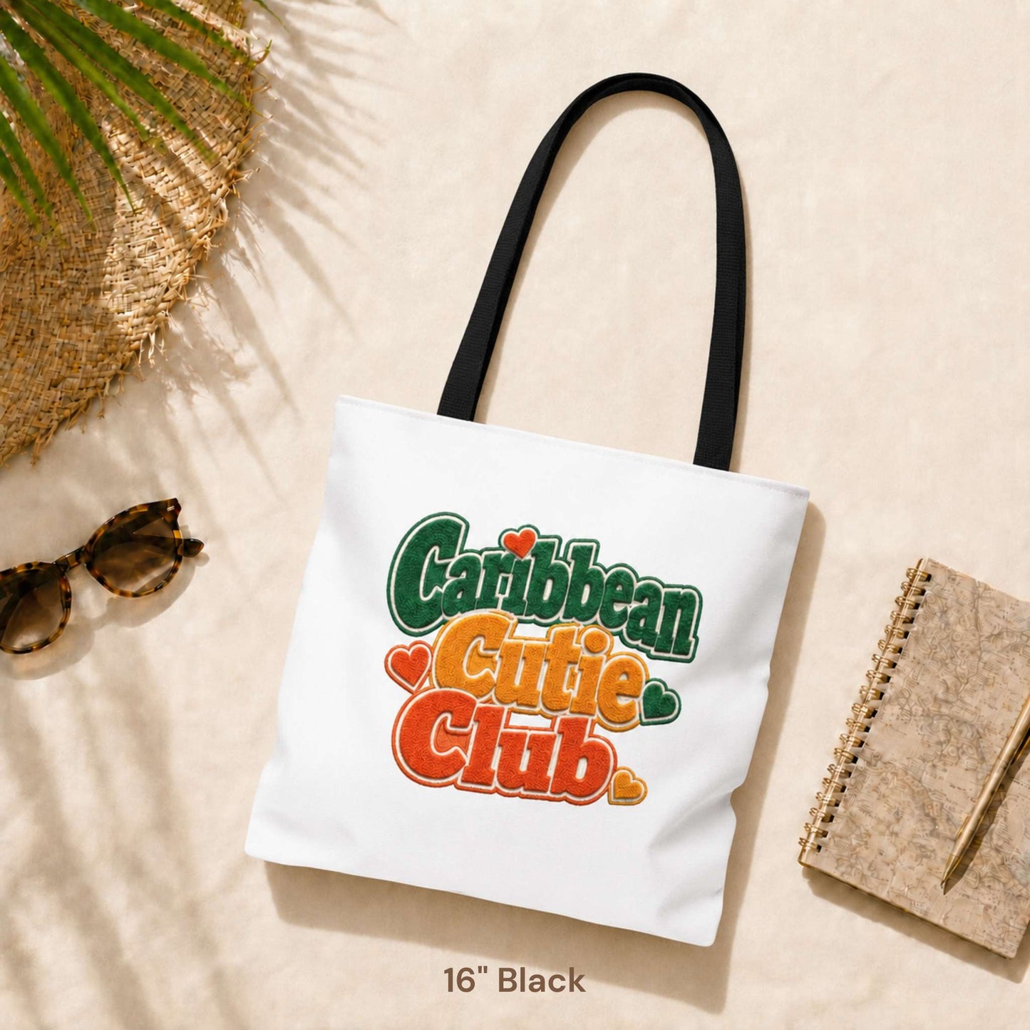 Caribbean Cutie Club tote bag with colorful retro lettering and heart details.