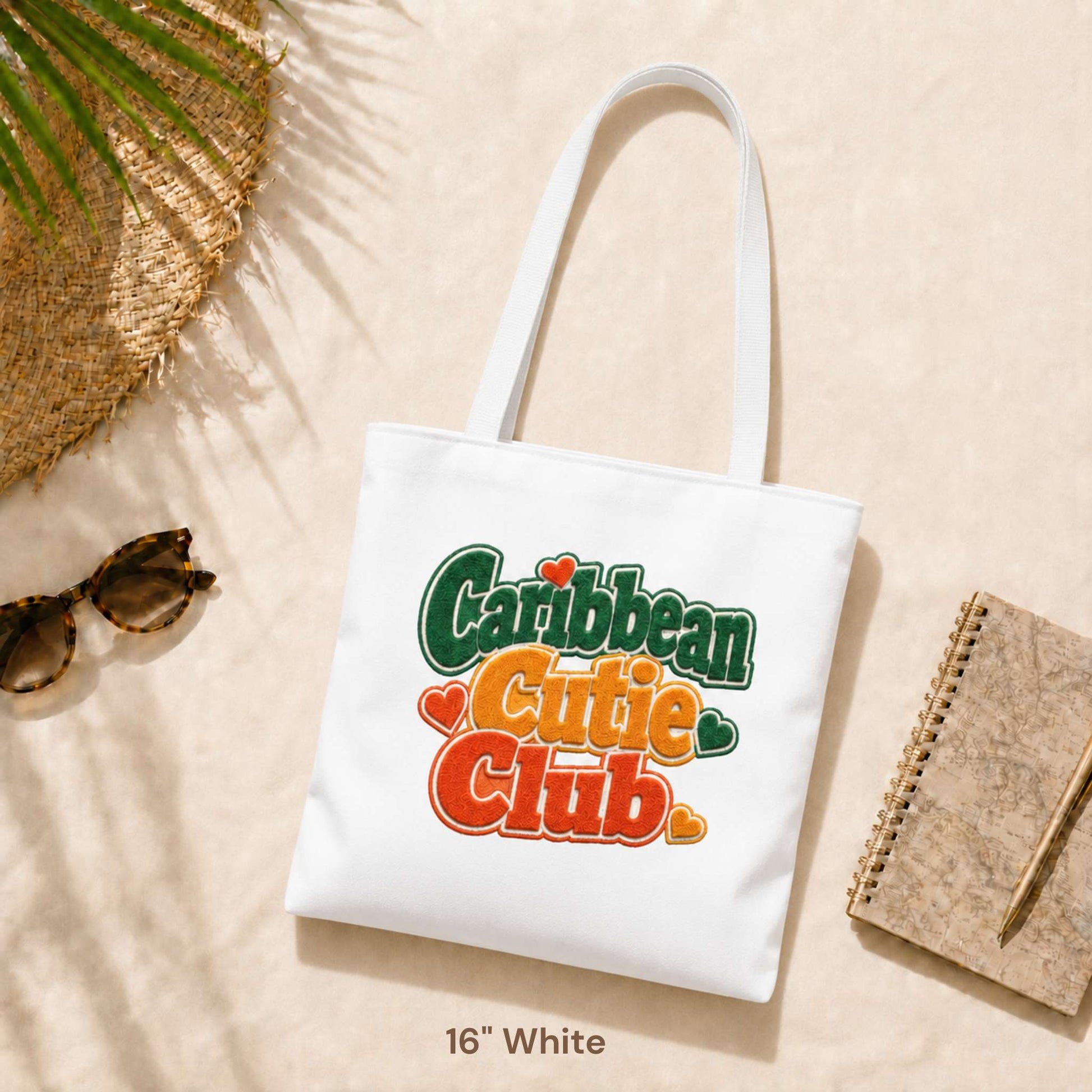 Caribbean Cutie Club tote bag with colorful retro lettering and heart details.