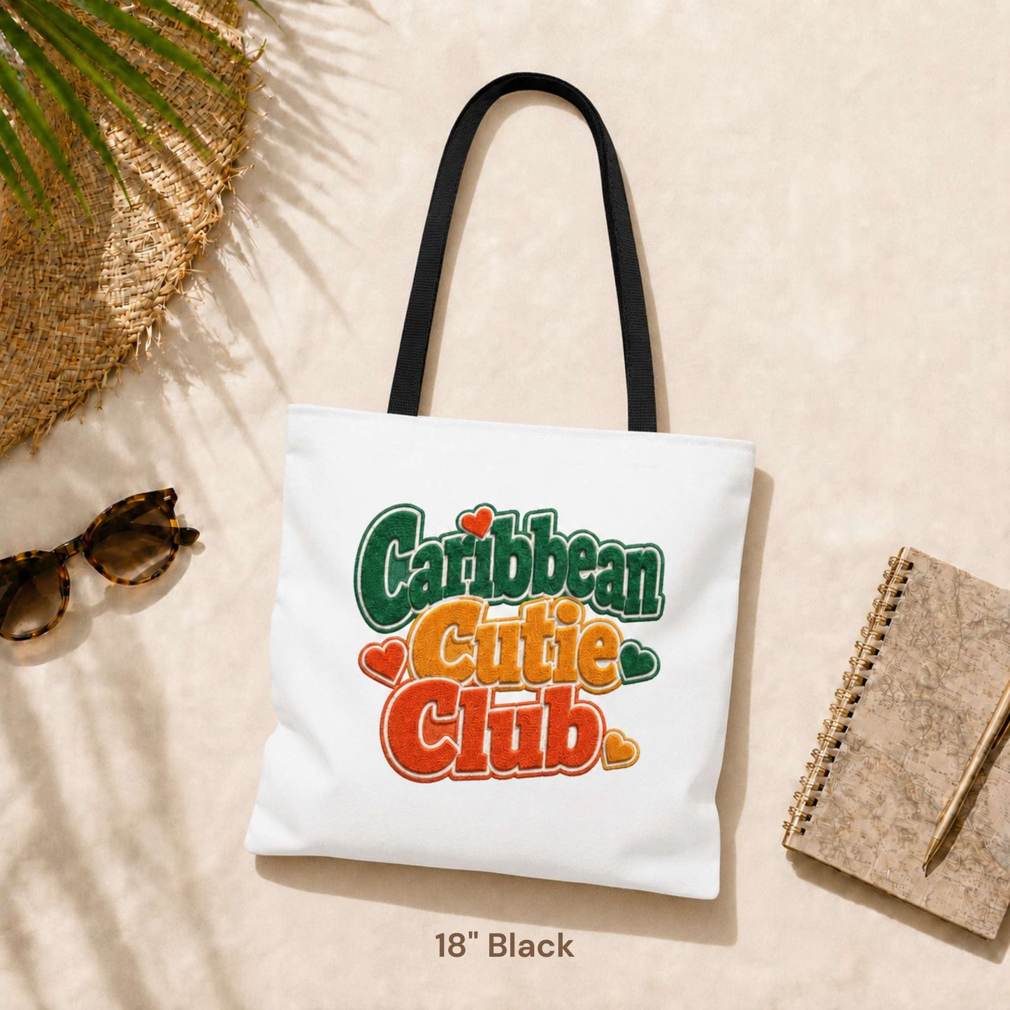 Caribbean Cutie Club tote bag with colorful retro lettering and heart details.