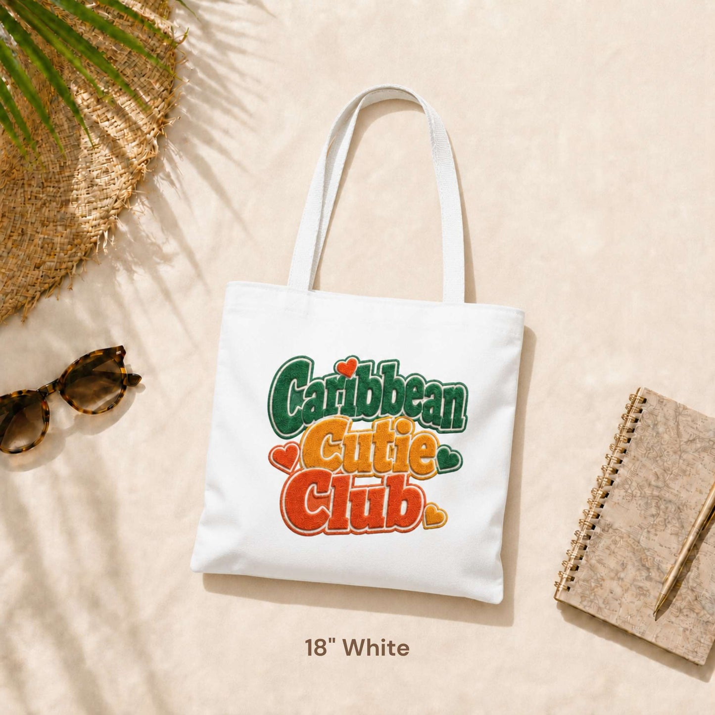 Caribbean Cutie Club tote bag with colorful retro lettering and heart details.